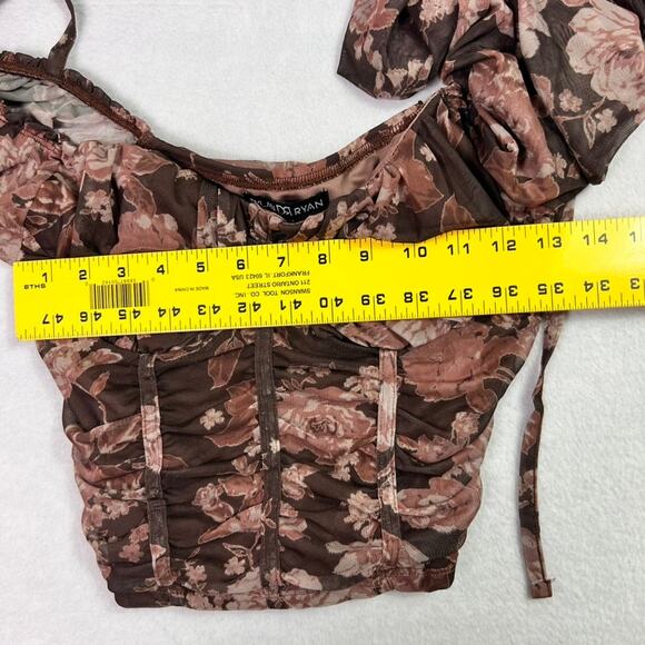 Dylan Ryan Blouse Top Women M Brown Ruched Bustier Sheer Floral Fairy - Picture 7 of 14